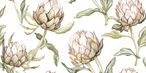 Vector seamless Vintage Repeating artichoke pattern in shades of pastel brown, wallpaper in a watercolor design on a white background.