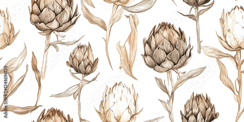 Vector seamless Vintage Repeating artichoke pattern in shades of pastel brown, wallpaper in a watercolor design on a white background.