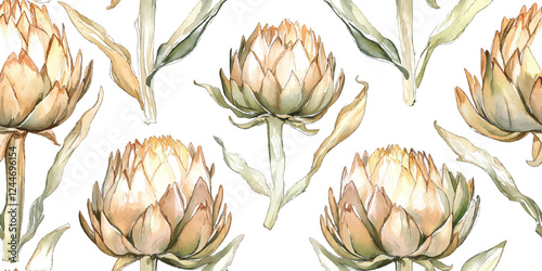 Vector seamless Vintage Repeating artichoke pattern in shades of pastel brown, wallpaper in a watercolor design on a white background.