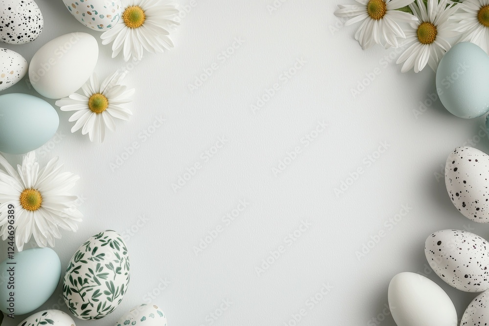 Fototapeta premium White background with a bunch of eggs and flowers