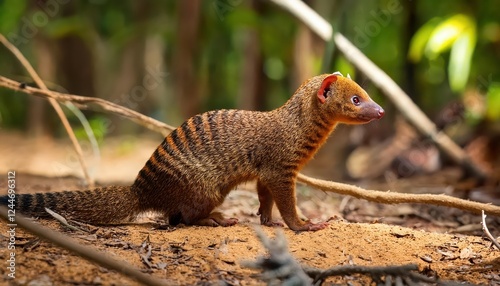 Enchanting Narrow Striped Vontsira Amidst the Kirindy Forest A CloseUp Glimpse of the Rare Mongoose on Madagascar Island, Shot on at photo