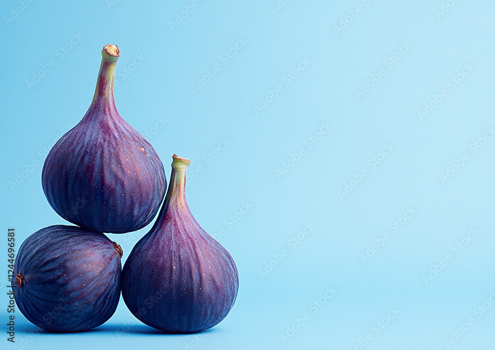 Fototapeta premium Fresh figs with soft purple skin arranged artistically on a wooden table, high-quality food photography, natural light, top-down view composition.