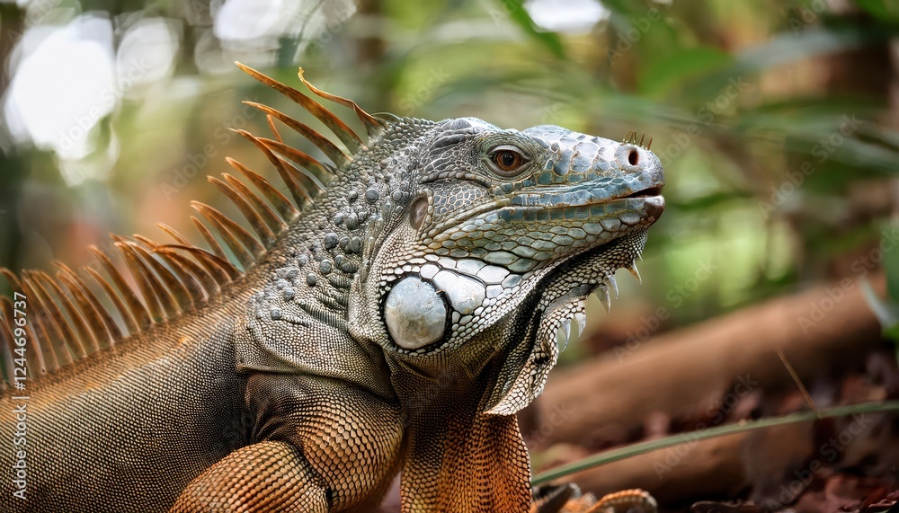 Vibrant Wild Iguana in Tropical Forest A Spectacular Sight Amidst Lush Green Foliage and Colorful Blooms, Perfect for Digital Art, Home Decor, or Design Inspiration. Vibrant Wild Iguana in Tropical Forest A Spectacular Sight Amidst Lush Green Foliage and Colorful Blooms, Perfect for Digital Art, Home Decor, or Design Inspiration.