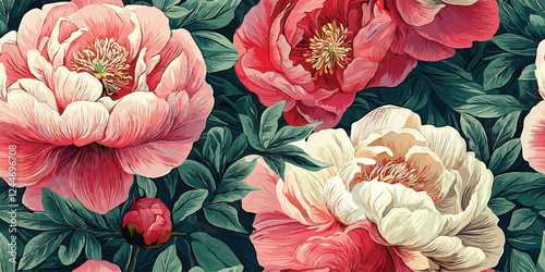 Vector Seamless Artistic vintage floral pattern, elegant peonies seamless print, Template design for textiles, interior, clothes, wallpaper. Botanical art
