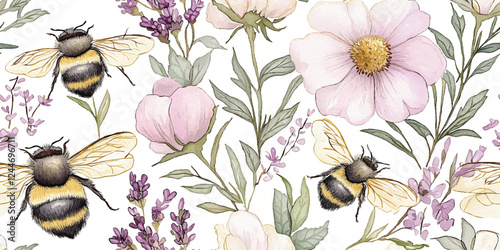 Vector Seamless pattern with flowers and honey bees on a white background, floral garden print with soft pink and lavender blooms, for poster t-shirt textile graphic design, wallpaper, wrapping paper