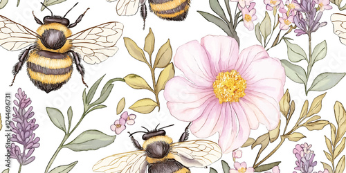 Vector Seamless pattern with flowers and honey bees on a white background, floral garden print with soft pink and lavender blooms, for poster t-shirt textile graphic design, wallpaper, wrapping paper