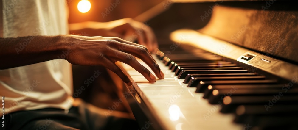 Naklejka premium Focused pianist playing keys on piano at home with warm light