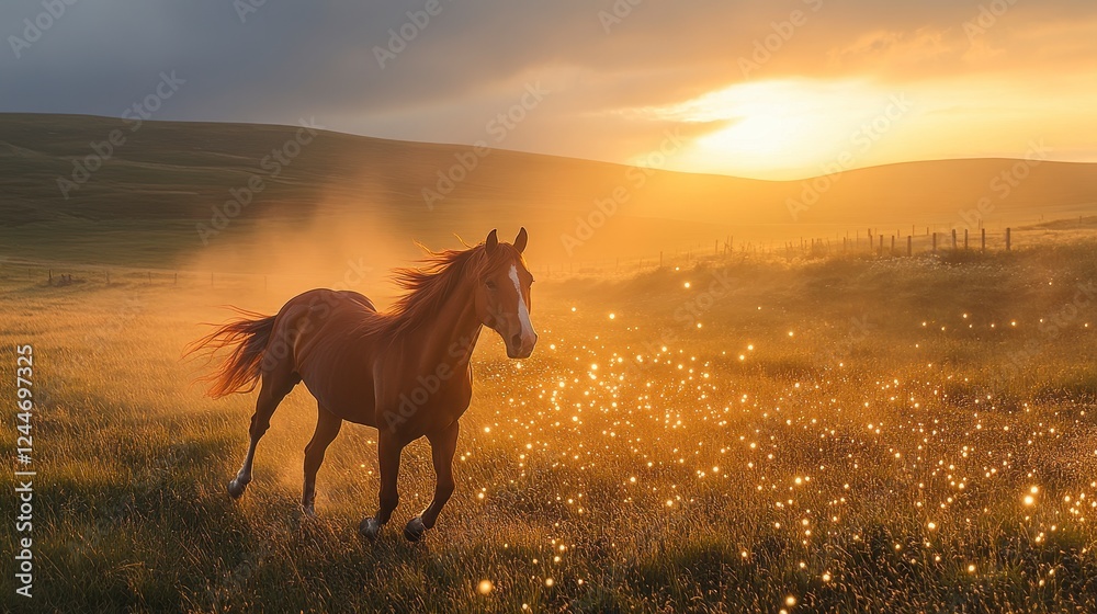 Chestnut horse galloping sunset meadow, golden light