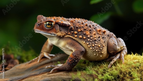 Striking Closeup of Spiny Slender Toad Ansonia spinulifer in a Tropical Rainforest, Showcasing its Unique Textures and Bold Colors amidst Lush Greenery and Moistureladen Leaves. photo