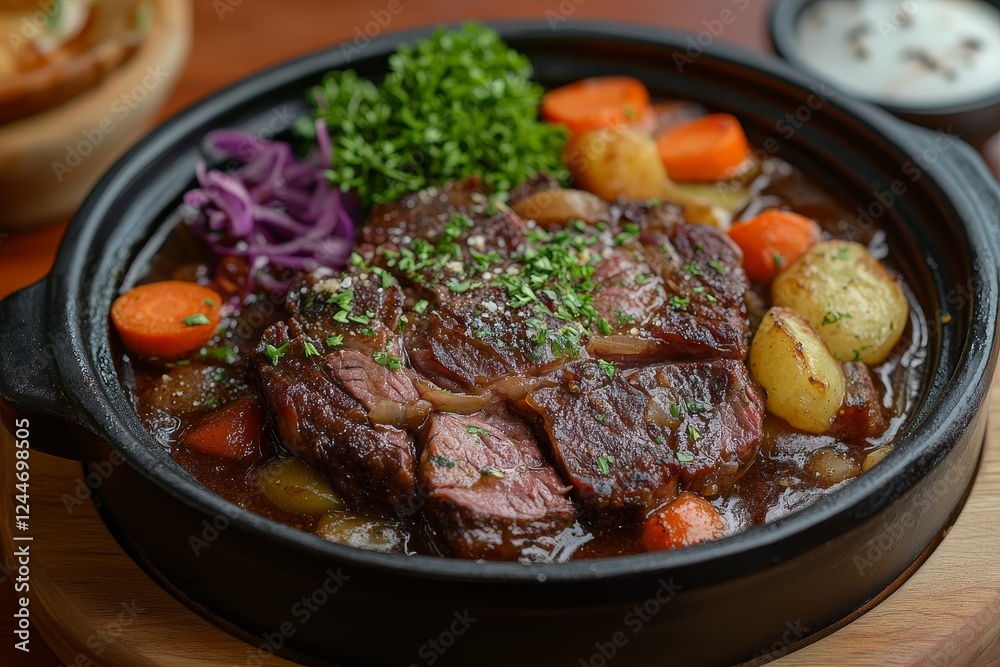 Beef stew, vegetables, restaurant, wooden table Beef stew, vegetables, restaurant, wooden table