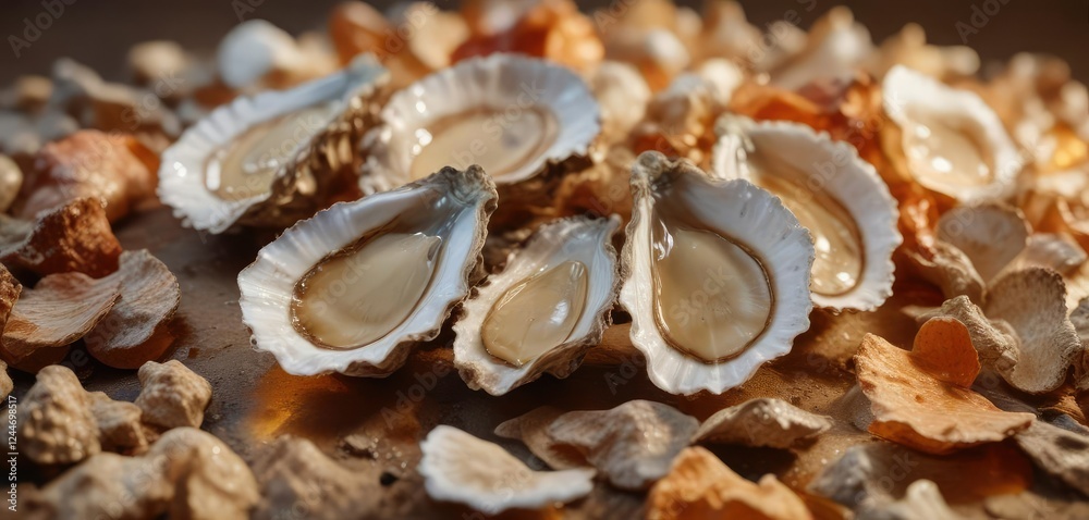 Softly glowing oyster shells on an abstract background with warm color tones , shell fragments, soft focus Softly glowing oyster shells on an abstract background with warm color tones , shell fragments, soft focus