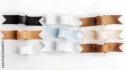 Assorted colorful ribbon bows arranged neatly on a white background for crafting and decoration photo