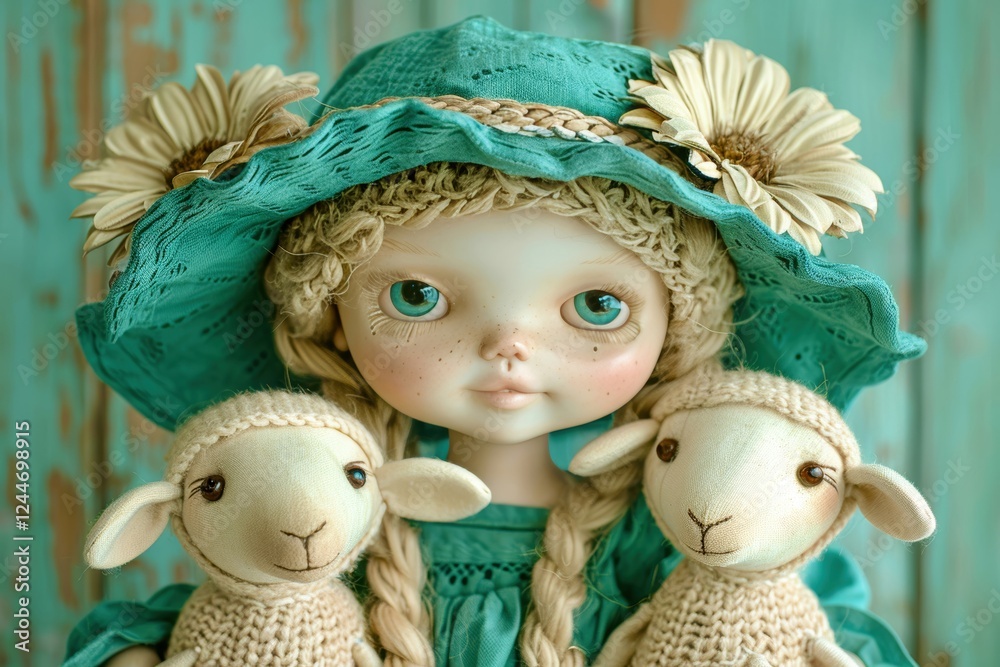 A farmer doll wearing a bright blue hat and holding two adorable sheep stands in front of a lovely pastel background, showcasing a whimsical and charming rural vibe.