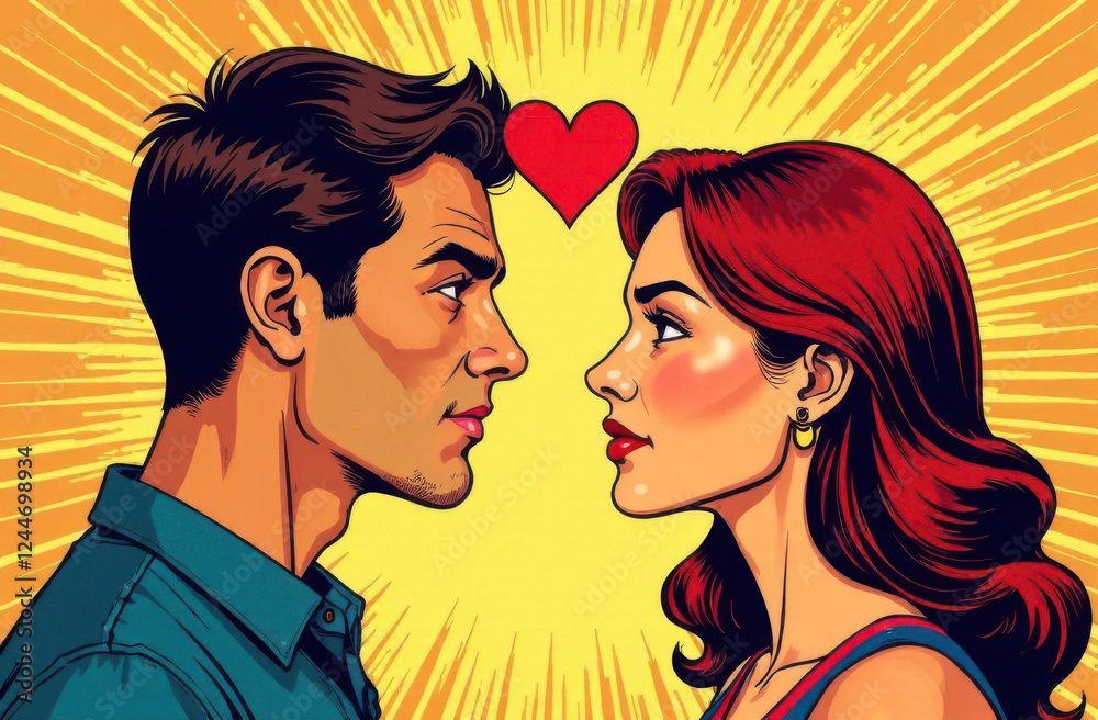 Two individuals with engaging expressions face each other, surrounded by bright colors and a heart symbol above them. The artwork captures the essence of love and connection. Two individuals with engaging expressions face each other, surrounded by bright colors and a heart symbol above them. The artwork captures the essence of love and connection.