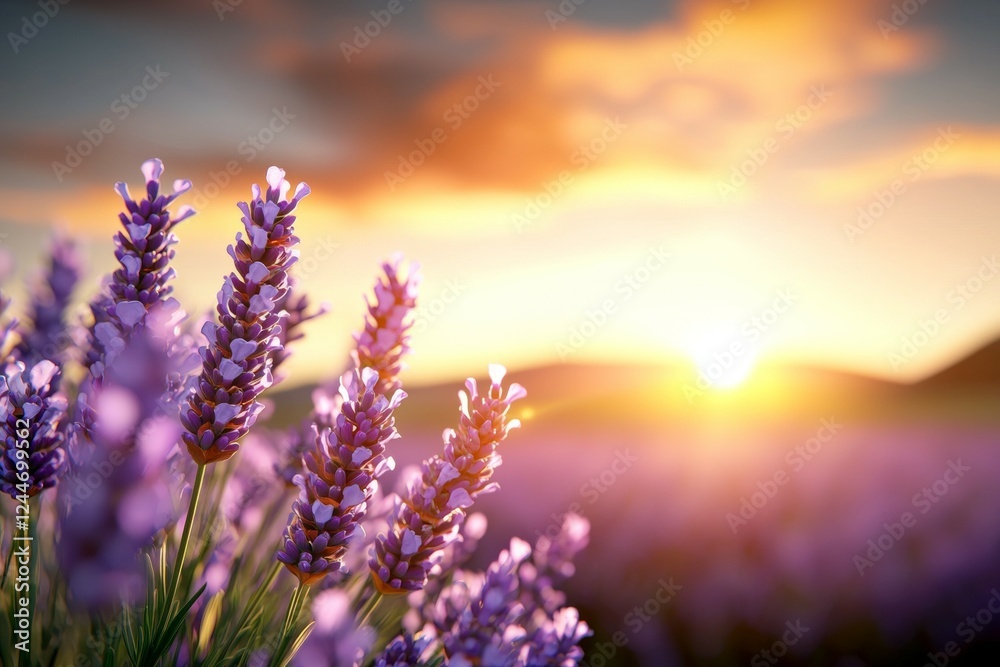 Lavender fields at sunrise with vibrant colors in tranquil landscape Lavender fields at sunrise with vibrant colors in tranquil landscape