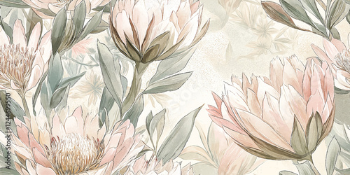 Vintage vector african seamless pattern. Tropical flowers background. Banksia, protea illustration, print with soft pink blooms for poster t-shirt textile graphic design, wallpaper, wrapping paper