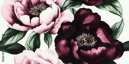 Vector Seamless vintage watercolor pattern with burgundy roses and peonies, floral pattern, elegant peonies seamless print, Template design for textiles, interior, clothes, wallpaper. Botanical art