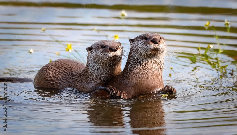 Vibrant Springtime Love Playful North American River Otters Frolicking Along a Crisp, Shimmering Stream, Set Amidst the Lush Greenery and Blooming Wildflowers. Vibrant Springtime Love Playful North American River Otters Frolicking Along a Crisp, Shimmering Stream, Set Amidst the Lush Greenery and Blooming Wildflowers.
