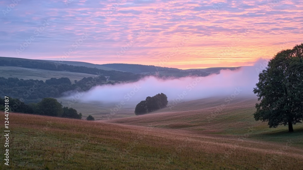 Obraz premium Serene Morning Landscape with Misty Hills and Colorful Sunrise