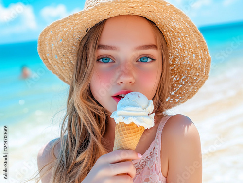 Adolescente aux yeux bleus avec un chapeau de paille et une glace à la main sur une plage photo