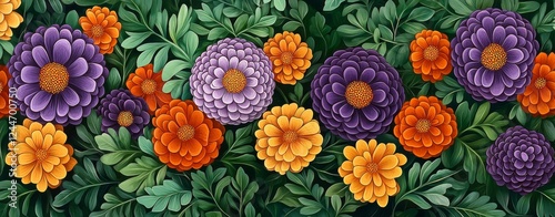 Vibrant Autumn Floral Border Purple, Orange, and Yellow Zinnia Garden