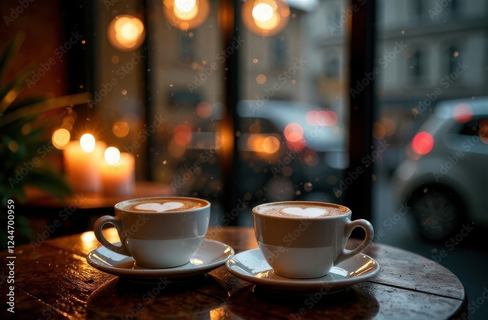 Two cups of coffee with heart-shaped latte art sit on a wooden table. Outside, raindrops fall while soft candlelight flickers, creating a warm atmosphere in the charming caf. Two cups of coffee with heart-shaped latte art sit on a wooden table. Outside, raindrops fall while soft candlelight flickers, creating a warm atmosphere in the charming caf.