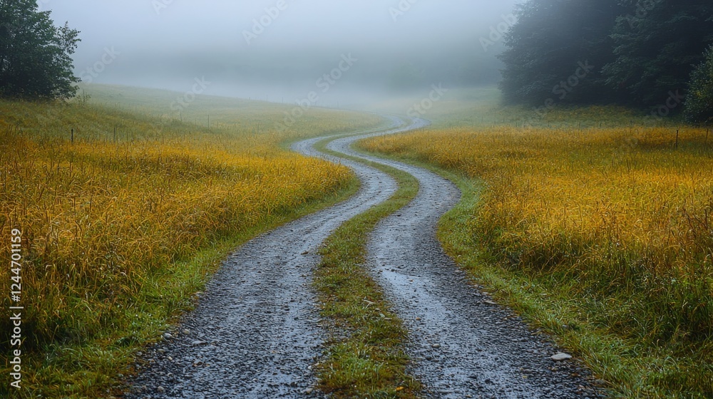 Serene Foggy Country Road Surrounded by Golden Grass at Dawn Serene Foggy Country Road Surrounded by Golden Grass at Dawn