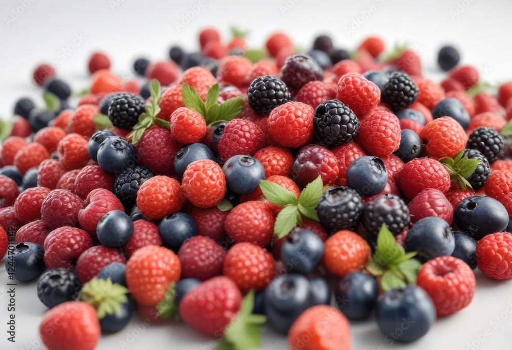 A cluster of colorful mixed berries on a white background, vectors, food, freshproduce A cluster of colorful mixed berries on a white background, vectors, food, freshproduce