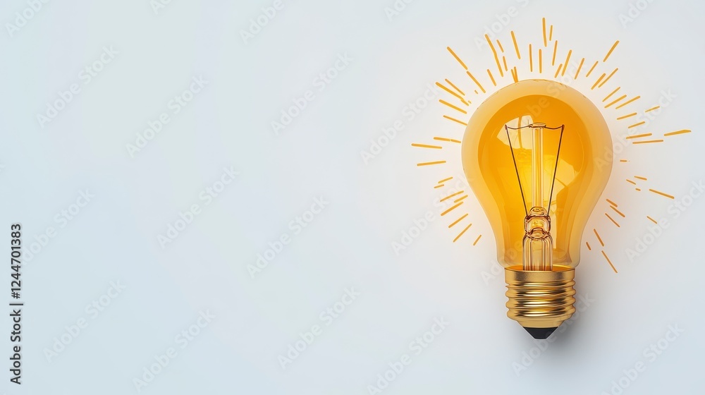 Illuminated Amber Lightbulb with Golden Rays on White Illuminated Amber Lightbulb with Golden Rays on White