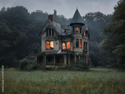 Lumières allumées dans un manoir abandonné dans la forêt photo