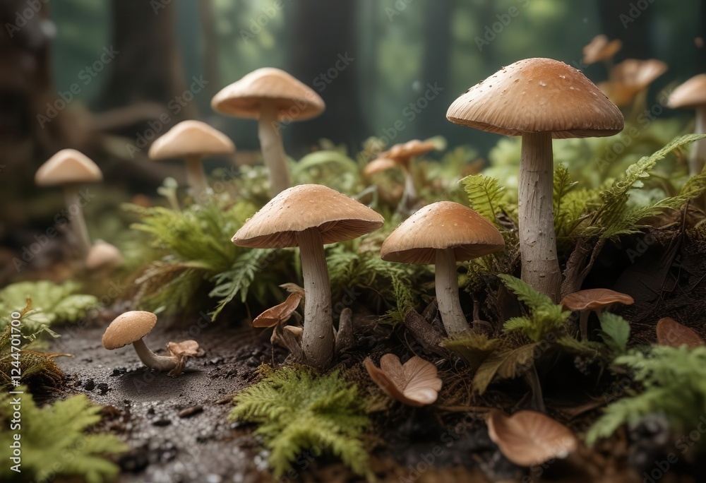 A collection of mushrooms growing from a decaying leaf , earthy, wild, plant A collection of mushrooms growing from a decaying leaf , earthy, wild, plant