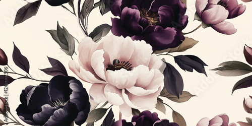 Vector seamless pattern with vintage beige and burgundy peonies, roses with dark and black shades, floral print, Botanical art for textiles, interior, clothes, wallpaper