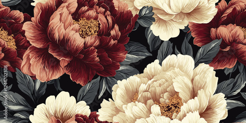 Vector seamless pattern with vintage beige and burgundy peonies, roses with dark and black shades, floral print