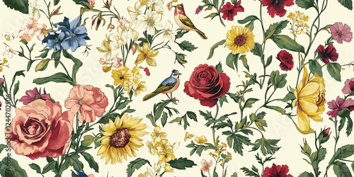 Vector seamless floral colorful pattern, vintage botanical illustrations and modern floral motifs, Trendy contemporary nature background, organic plant leaves artwork wallpaper print, spring texture