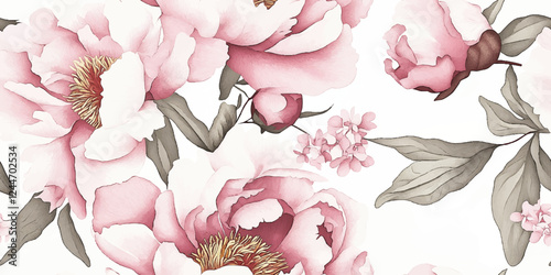 Vector seamless pattern with pink peony flowers on white background. Romantic design for natural cosmetics, perfume, women products. Can be used as greeting card or wedding background