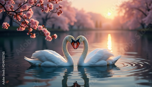 A Pair Of White Swan In A Dark Blue Lake For Valentine's day With Cherry Blossom In Background