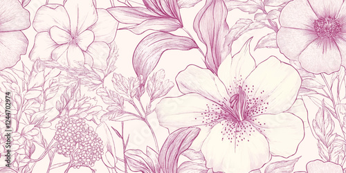 Seamless pattern. Classic roses, lilies, orchids, peonies, poppies, daisies, tulips, sunflowers. Vector botanical outline illustration in pink red color