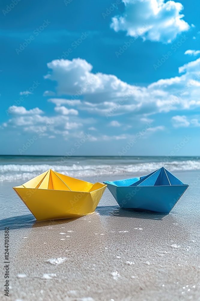 Paper Boats Sail Gently on Ocean Waves under Sunny Sky Paper Boats Sail Gently on Ocean Waves under Sunny Sky