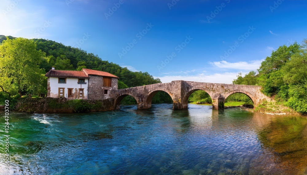 Enchanting Scene of Olla de San Vicente along the Dobra River in Cangas de Onis, Asturias, Showcasing a Wintery Landscape with SnowCapped Mountains and Misty Atmosphere. Enchanting Scene of Olla de San Vicente along the Dobra River in Cangas de Onis, Asturias, Showcasing a Wintery Landscape with SnowCapped Mountains and Misty Atmosphere.