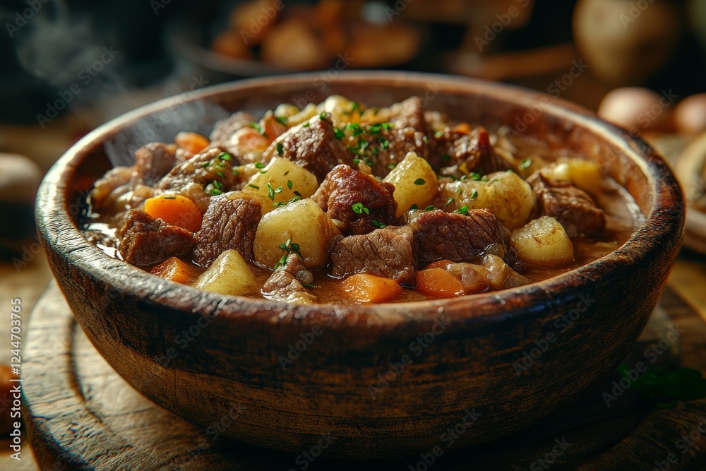 Steaming beef stew in wooden bowl, rustic kitchen Steaming beef stew in wooden bowl, rustic kitchen