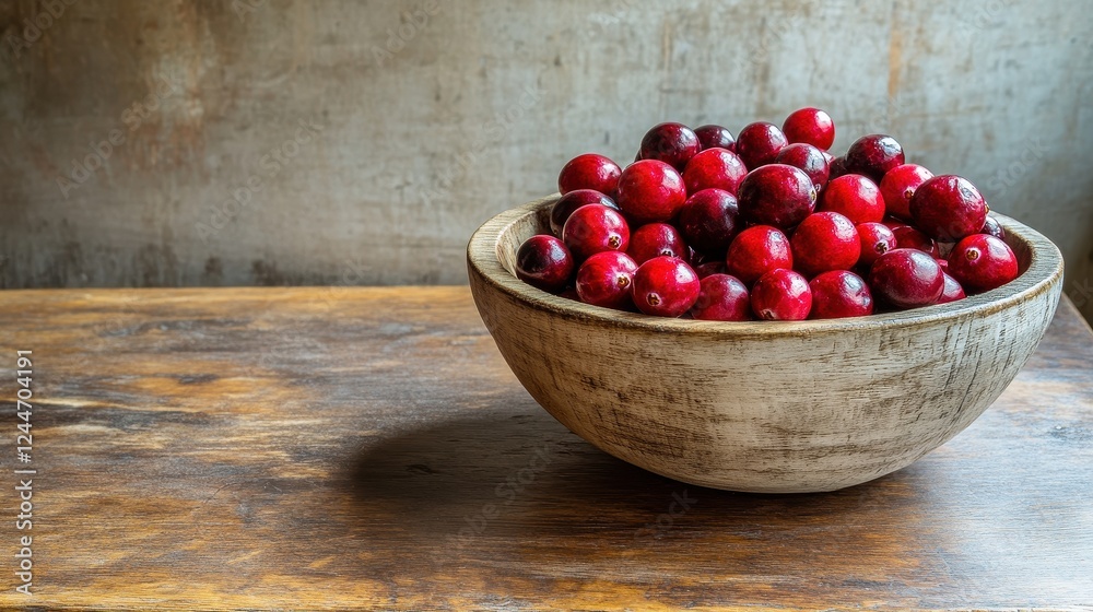 Fresh Red Cranberries in Rustic Bowl on Wooden Table with Textured Background Fresh Red Cranberries in Rustic Bowl on Wooden Table with Textured Background