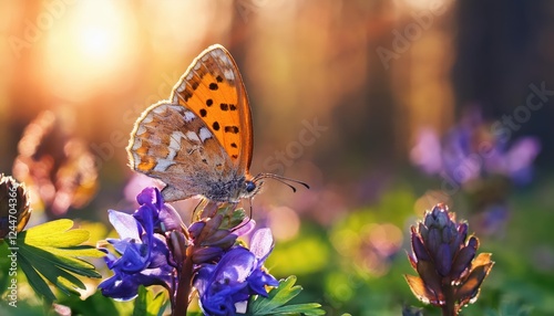 Vibrant Orange Butterfly Lycaena virgaureae Flitting over Dainty Corydalis Blossoms in a Stunning Springtime Garden Scene photo