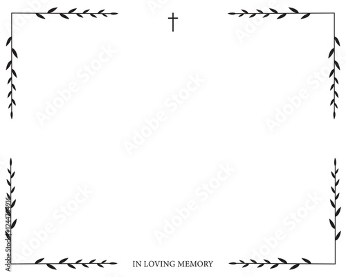 Funeral vector card. Empty card with black cross and leaves 