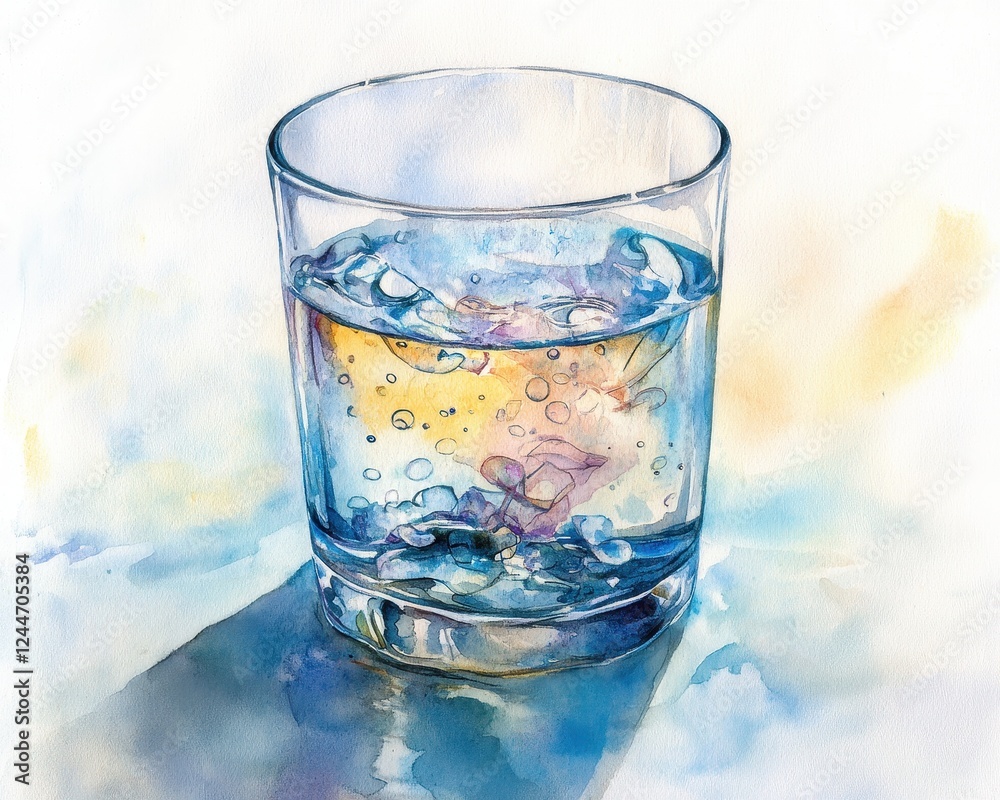 Elegant watercolor of microscopic plastic particles inside a glass of water, transparency revealing invisible threats, soft textures with deep meaning. Elegant watercolor of microscopic plastic particles inside a glass of water, transparency revealing invisible threats, soft textures with deep meaning.