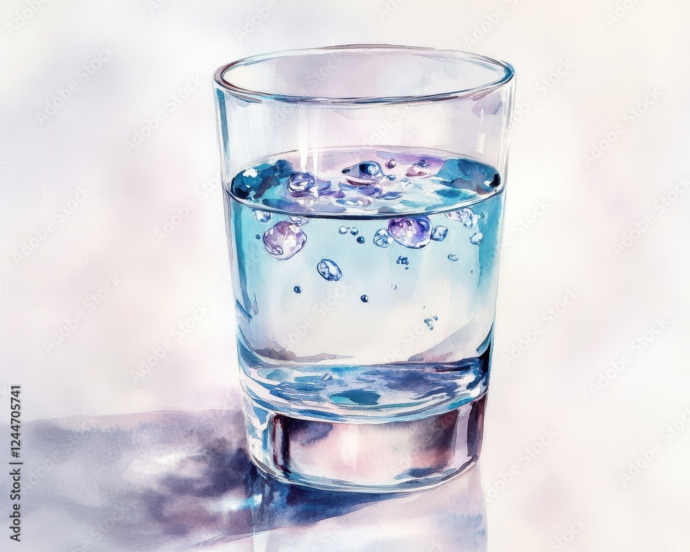 Elegant watercolor of microscopic plastic particles inside a glass of water, transparency revealing invisible threats, soft textures with deep meaning. Elegant watercolor of microscopic plastic particles inside a glass of water, transparency revealing invisible threats, soft textures with deep meaning.
