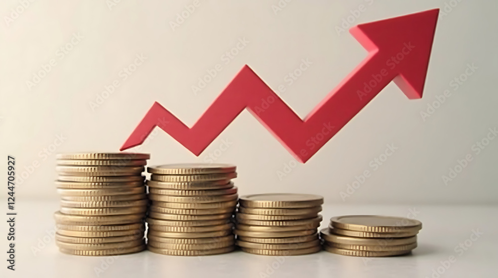 coins and graph on red background coins and graph on red background