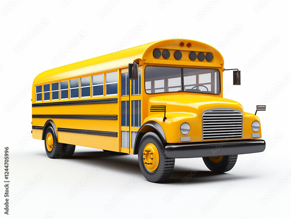 A bright yellow 3D school bus, parked on a white background. The bus has a classic design with multiple windows. A bright yellow 3D school bus, parked on a white background. The bus has a classic design with multiple windows.