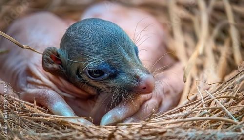 Orphaned Eastern Tubenosed Nyctimene robinsoni in Care Vulnerable Beauty Fostered Amidst Green Sanctuary, Closeup Portrayal of Resilience and Conservation photo