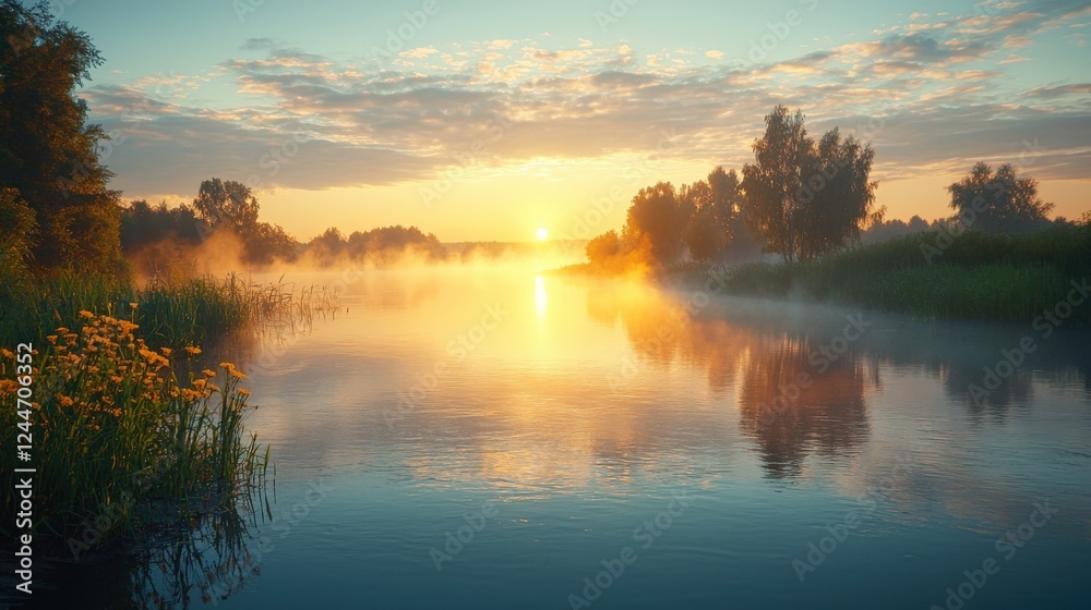 Fototapeta premium Serene Sunrise Over Misty River with Lush Greenery and Wildflowers