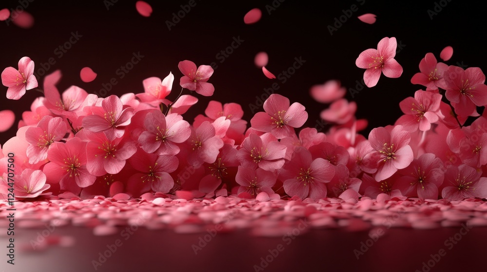 Obraz premium Pink blossoms falling, dark background, spring design